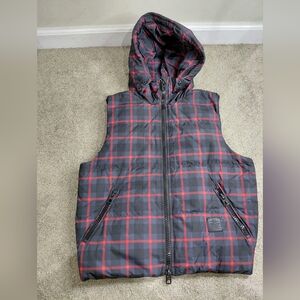 Coach Women Size S Black and Red Plaid Hooded Vest